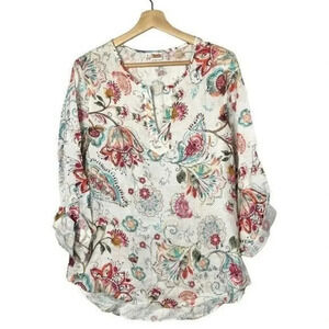 Tianello Casablanca White Red Floral Long Sleeve Blouse S